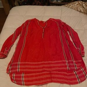 Free People Red Striped V-Neck Tunic Blouse with metallic accents
